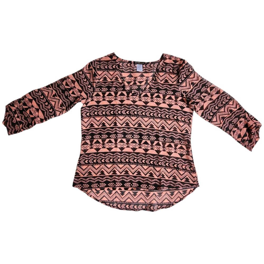 Grass Collection Pink Black Tribal Print Sheer V Neck 3/4 Sleeve Hi Low Top sz M